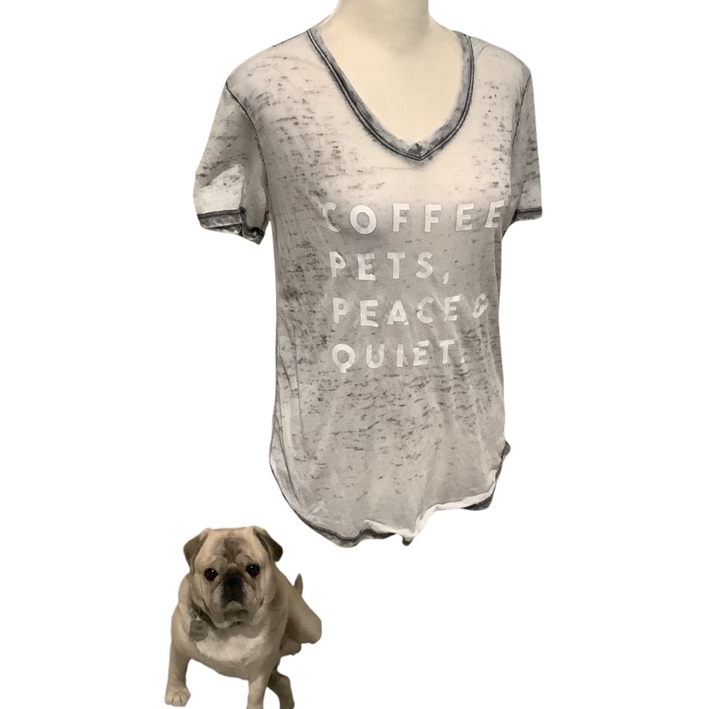 Women’s Distressed Gray Graphic High Low V Neck shirt COFFEE PETS PEACE & QUIET.